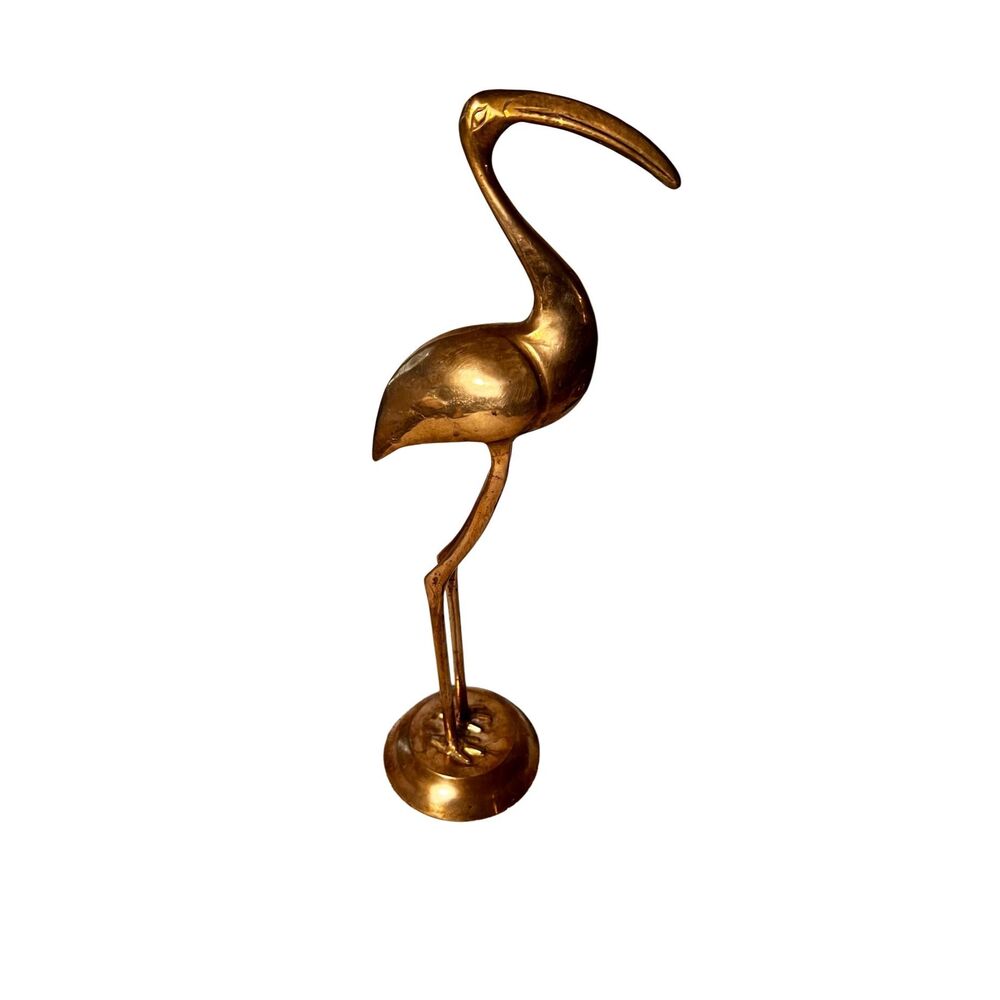 Vintage MCM Solid Brass Etched Crane Bird Figurine Heron Sculpture